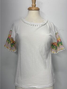 Anthropologie White Pom Pom Trim Top Colorful Crochet Lace Sleeves Boho Size S